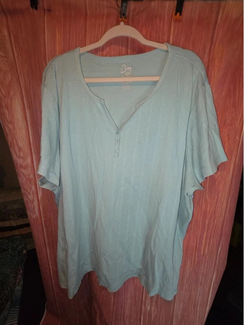 Fashion Bug Light Blue Ribbed Knit Henley Short Sleeve Top 30/32W Plus
